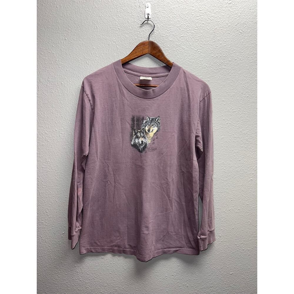 Vintage American Wolf Long Sleeve Shirt Purple Prairie Mountain 90s VTG Medium